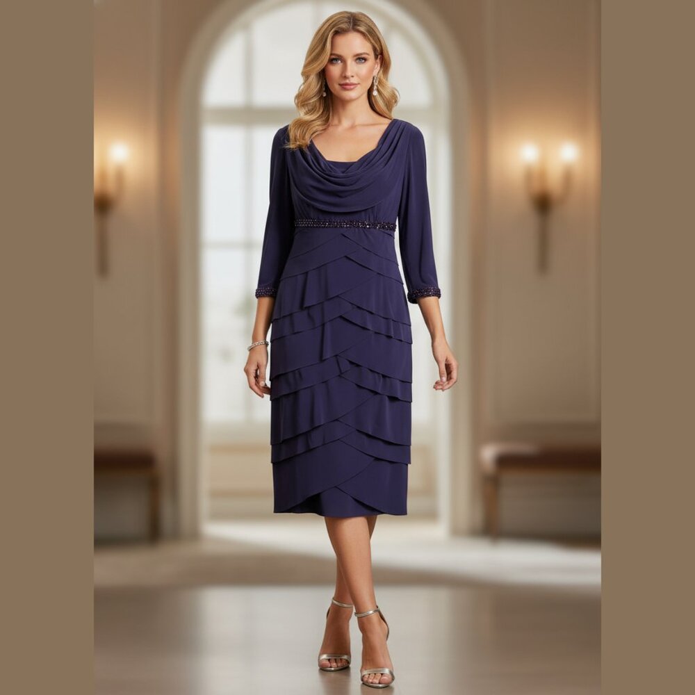Alex Evenings Beaded Dress Tea-Length Chiffon Amethyst/Eggplant